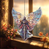 Archangel Warrior Acrylic Suncatcher, Stained Glass Style Angel with Sword and Scales, Spiritual Guardian Window Hanging Religious Decor